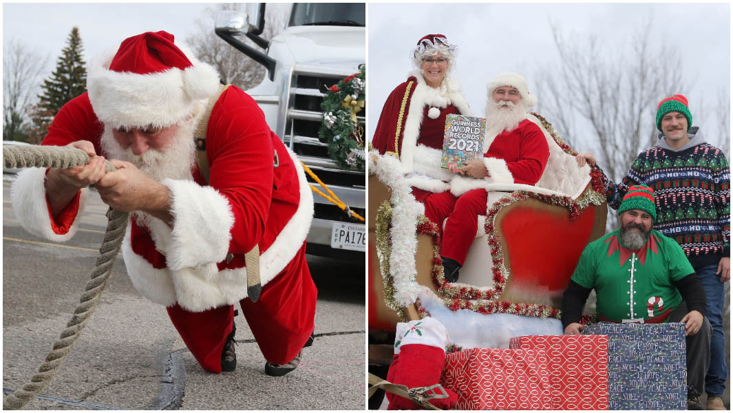 split image of kevin fast pulling sleigh and sitting in it with his family