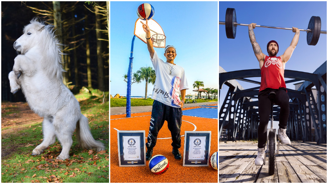 Pony standing Junji with basketballs and Jason unicycling